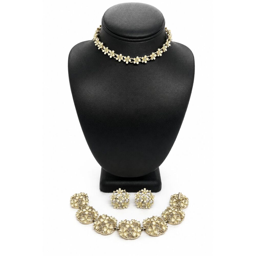 VINTAGE DEMI PARURE Cream Enamel Necklace Bracelet Earrings Gold Tone Set